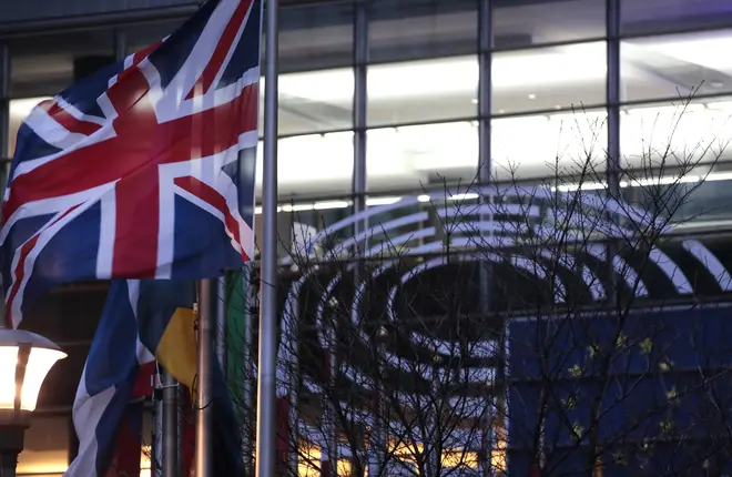 The UK flag outside the EU Parliament