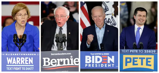 (left to right) Candidates Elizabeth Warren, Bernie Sanders, Joe Biden and Pete Buttigieg