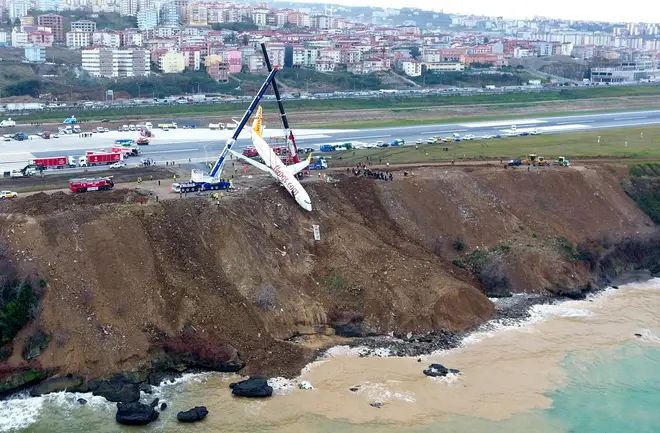 A Pegasus Airlines crashed off the runway in Trabzon in January 2018. Pictured is the recovery effort