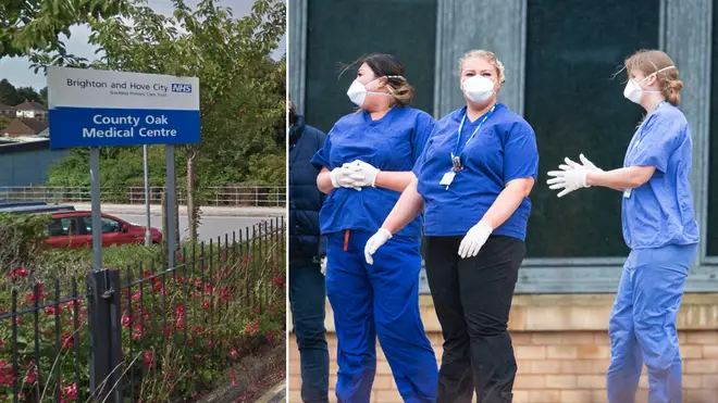 County Oak medical centre in Brighton, left, was closed. Right - staff at Kents Hill Park Training and Conference Centre, in Milton Keynes after Brits arrived from Wuhan