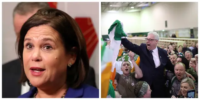 Sinn Fein leader Mary Lou McDonald (left) / TD Thomas Gould celebrates victory in Cork North Central
