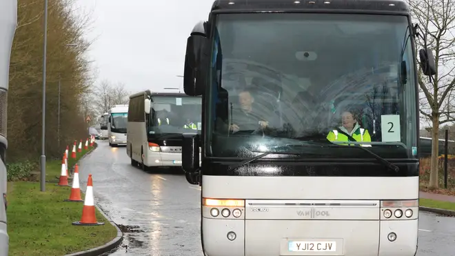 Coaches carrying Coronavirus evacuees arrive at Kents Hill Park Training and Conference Centre, in Milton Keynes, after being repatriated to the UK from the coronavirus-hit city of Wuhan