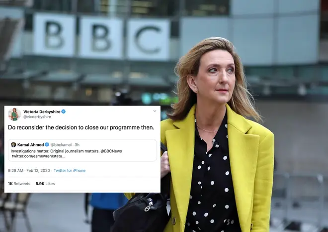 Victoria Derbyshire has hit out after a BBC executive praised another programme for its original journalism while axing hers