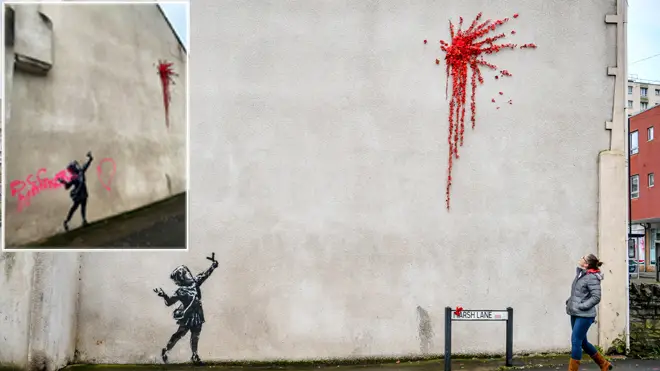 The Banksy artwork and with the graffiti, inset