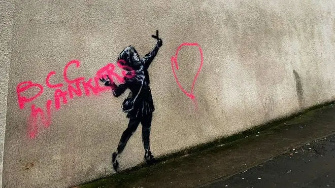 The vandalised Banksy artwork in Barton Hill, Bristol