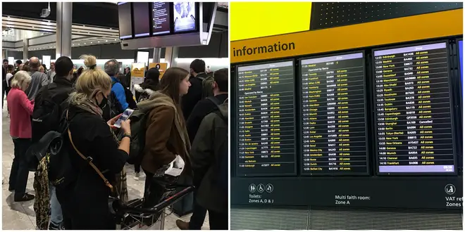 Departure boards at Heathrow are not working, sparking chaos for travellers