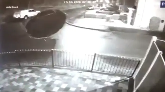 The footage appears to show the trampoline going rogue