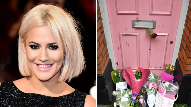 Caroline Flack took her own life on Saturday - right, floral tributes at her former home