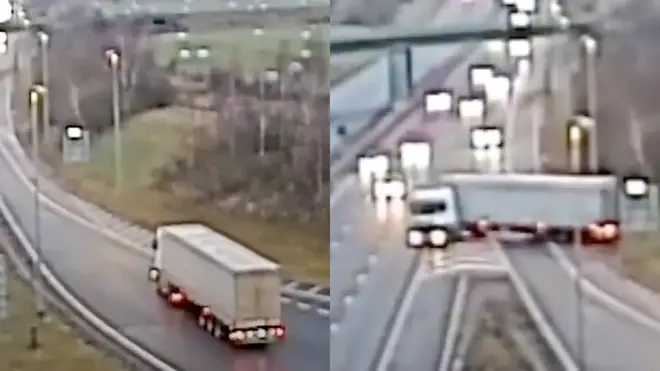 The lorry drove down the M6 toll slip road