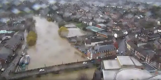 The drone footage shows the extreme flooding in Shrewsbury