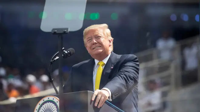 Donald Trump addresses the crowd at the Sandar Patel Stadium