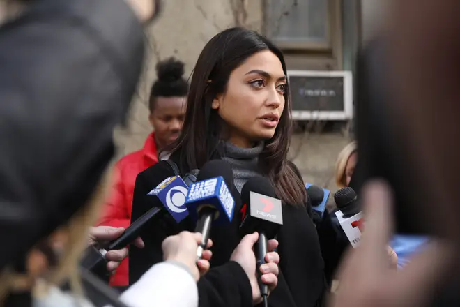 Ambra Battilana Gutierrez speaks outside court