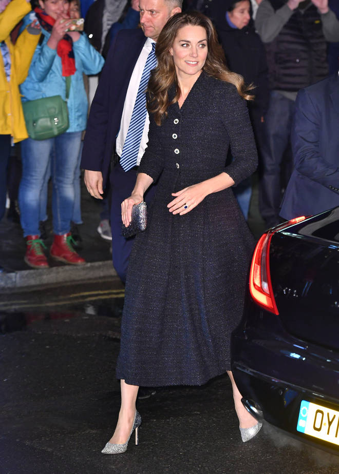 The Duchess of Cambridge wore an Eponine tweed dress with a pair of silver Jimmy Choos