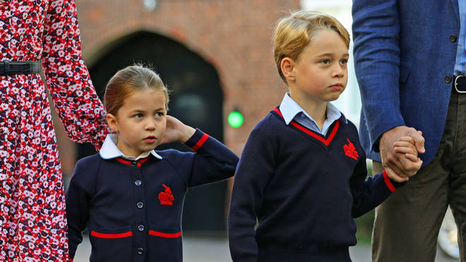 Prince George and Princess Charlotte arriving at Thomas's Battersea
