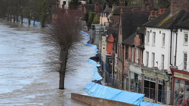 The scene in Ironbridge, Shropshire, where residents in riverside properties have been told to leave their homes