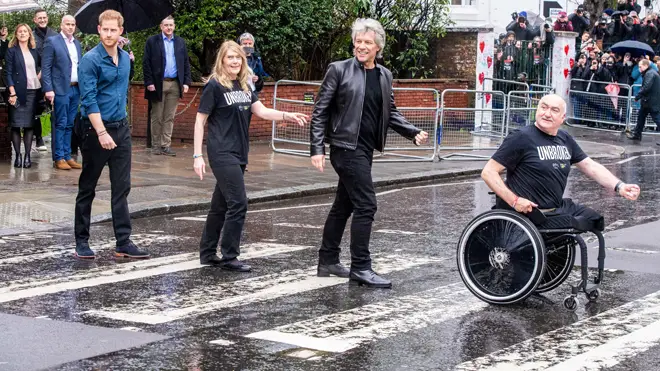 Prince Harry, Duke of Sussex visits Abbey Road Studios in London to meet Jon Bon Jovi and members of the Invictus Games Choir
