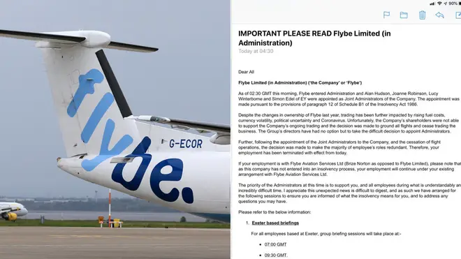 Flybe staff were emailed two hours after the company went into administration