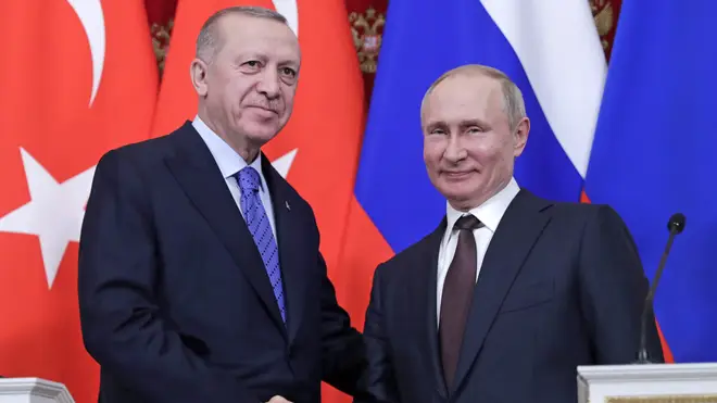 Mr Putin (L) and Mr Erdoğan (R) say they have agreed to a Syrian ceasefire