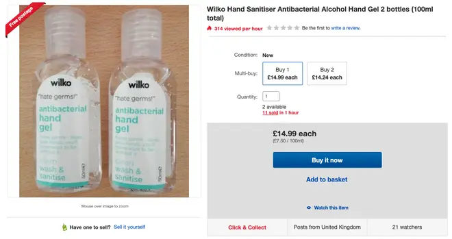 Wilko hand sanitiser is selling for £14.99 for a pair with an RRP of 50p