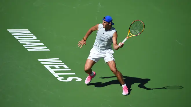Rafael Nadal practices at the now cancelled BNP Paribas Open at Indian Wells