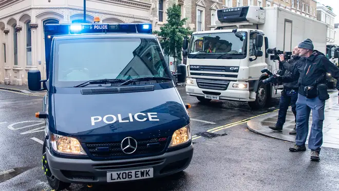 A Police van carrying Hashem Abedi to Westminster Magistrates' Court