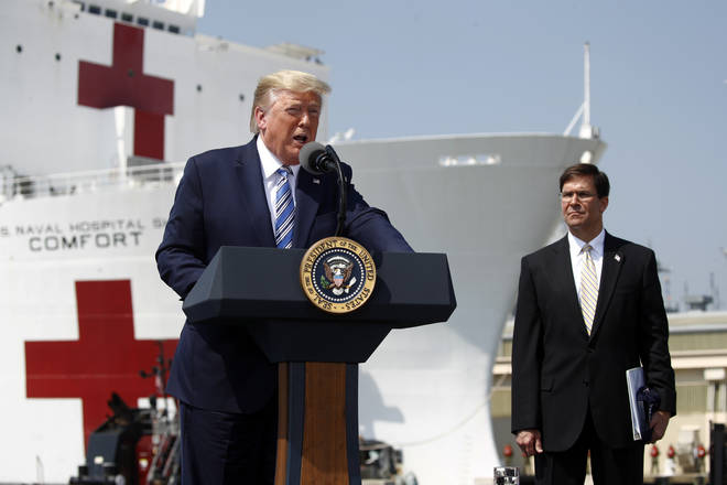 Mr Trump made a speech in Virginia in front of a US Navy warship