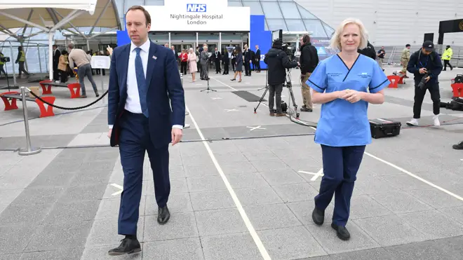 ealth Secretary Matt Hancock and Ruth May, chief nursing officer for England, at the opening of the NHS Nightingale Hospital at the ExCel centr