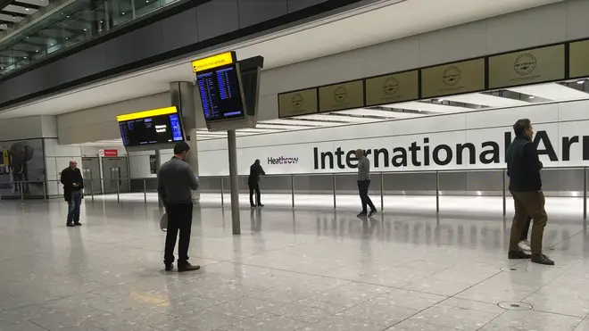 The empty arrivals concourse at Terminal 5 of Heathrow airport, London, on April 3