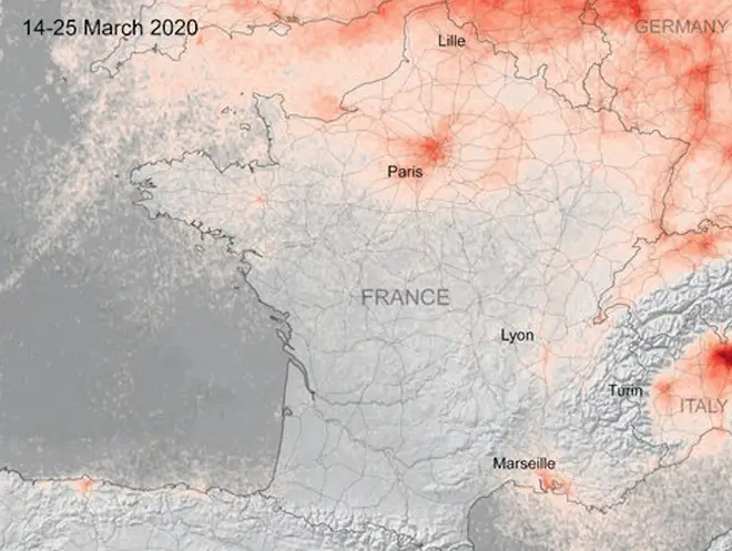 Pollution levels over France appear reduced due to the lockdown