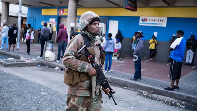 A soldier patrols the streets in Johannesburg to enforce a national lockdown