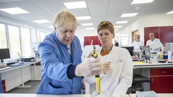 Boris Johnson during a visit to the Mologic Laboratory in the Bedford technology Park in Bedfordshire,