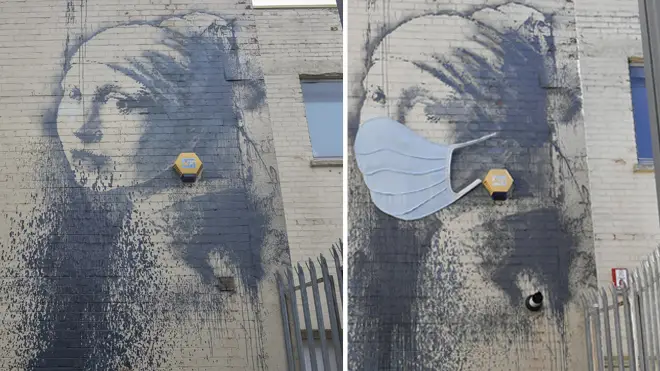 The mural, left, in October 2014 after being defaced, and right, with a face mask