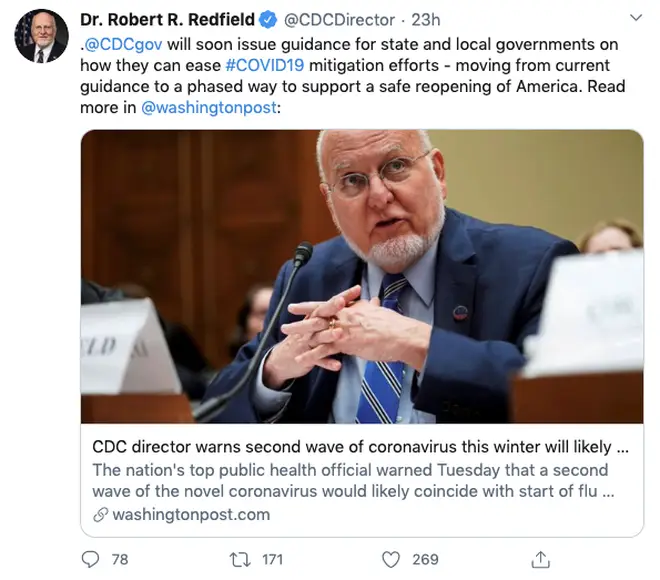 Dr Redfield himself had shared the article on his Twitter page earlier that day