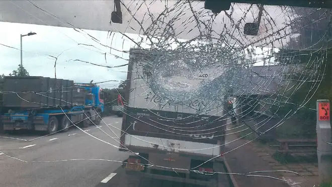 Damage to the cement lorry's windscreen