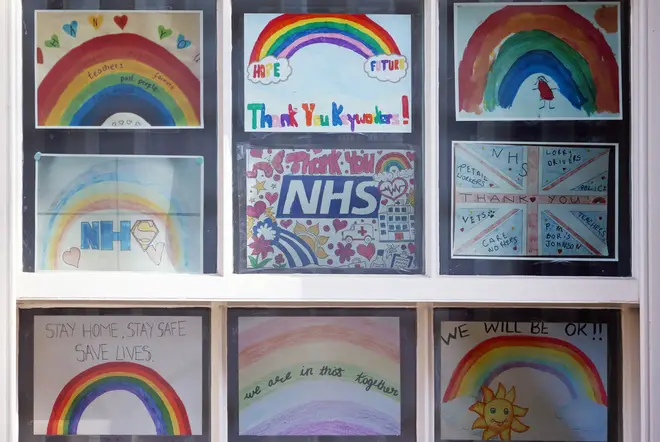 Drawings thanking the NHS in the windows of Downing Street