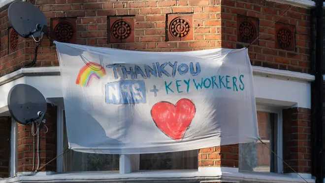 A banner outside a home in Chiswick, west London, thanking NHS and key workers