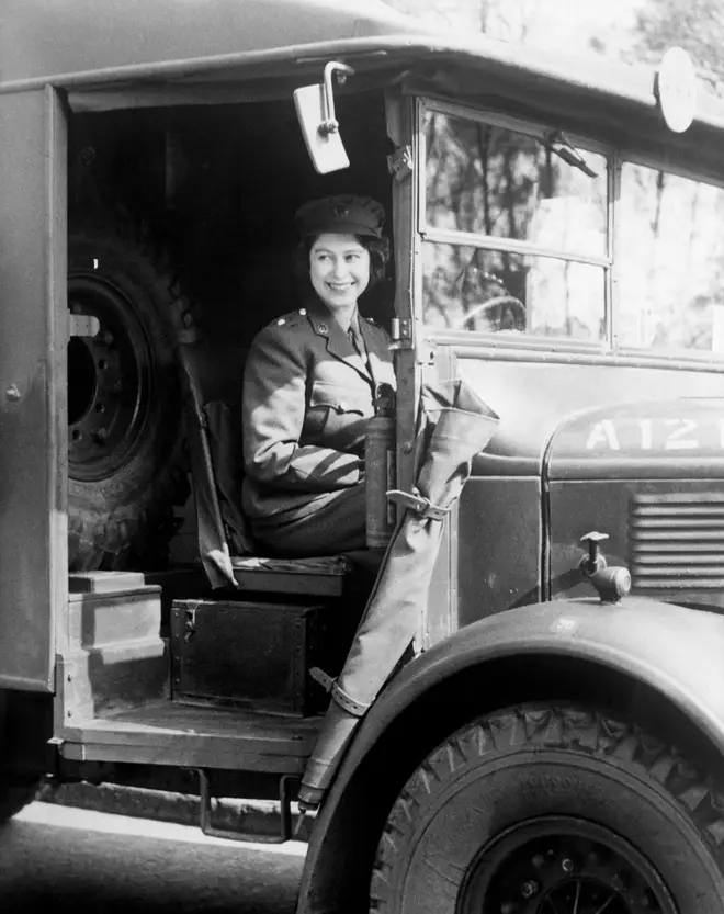 Princess Elizabeth at the wheel of an army vehicle on 01/01/1945