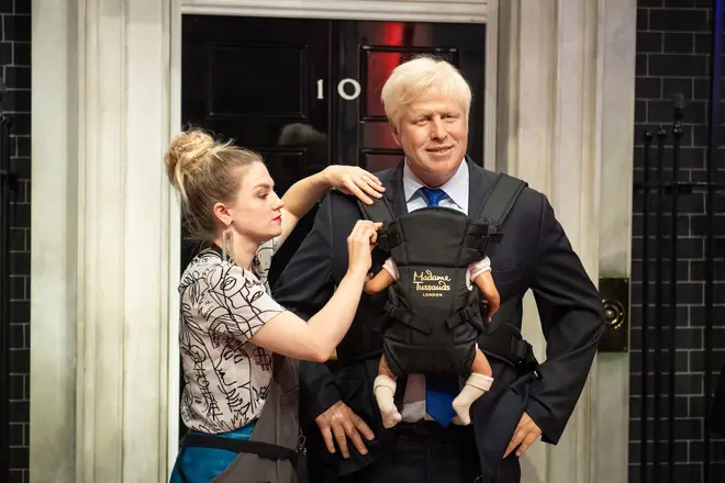 Madame Tussauds fit Boris Johnson's waxwork with a baby carrier