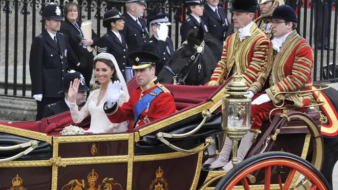 Kate and William smile as they leave Westminster Abbey