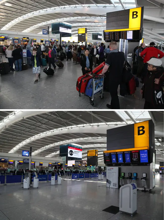 Heathrow airport pictured in Easter 2012 compared to Easter 2020