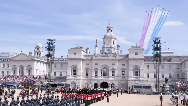 Red Arrows flying over Horse Guards Parade during the VE Day Parade to mark the 70th anniversary of VE Day