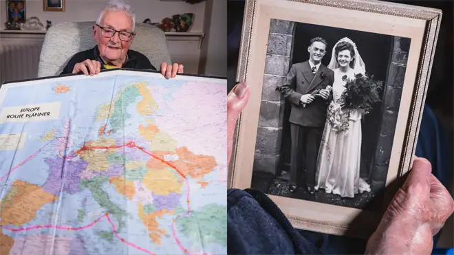 Norman shows a map of his route home to the UK in time for VE Day