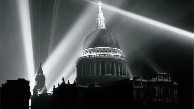 Christopher Wren's cathedral lit up by beams of light to celebrate the end of World War II