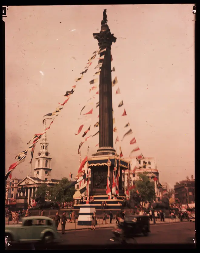 Trafalgar Square seen in a colourised picture from May 1945