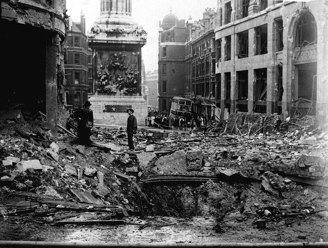 Bomb damage at Monument at City of London after a German air raid