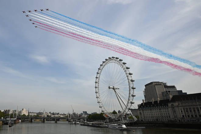 The Red Arrows flying over the London Eye to mark the 75th anniversary of VE Day
