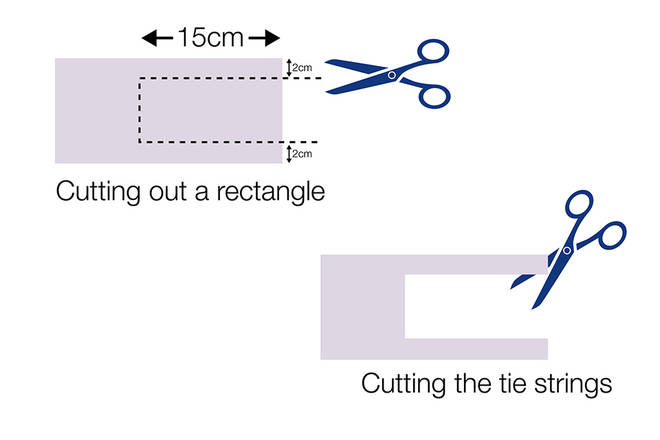 To make the ties, cut open the edge of the 2 long strips of fabric