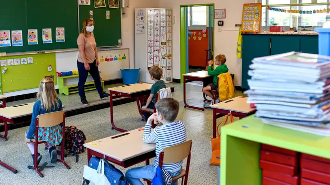 Social distancing measures have been put in place in schools such as this one in Belgium