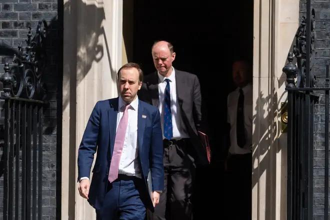 Health Secretary Matt Hancock and Chief Medical Officer Professor Chris Whitty leave 10 Downing Street