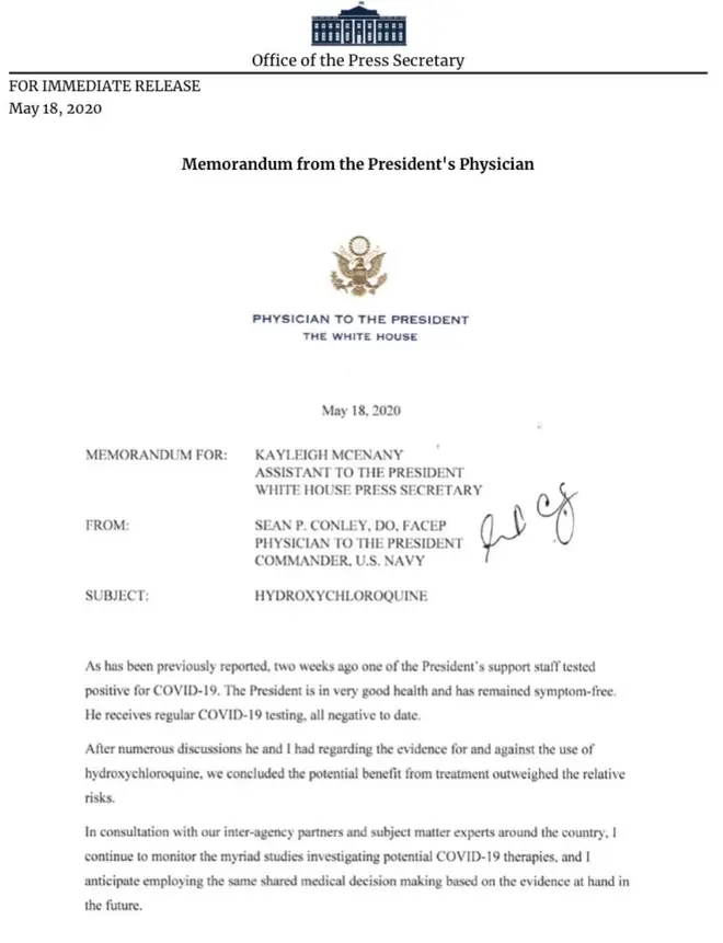 The White House physician's note on hydroxychloroquine